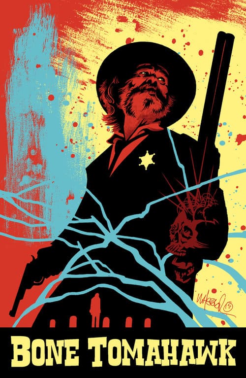 Red, blue, black, and yellow portrait of Kurt Russell for Bone Tomahawk by Jeremy Wheeler