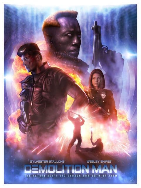 Purple exploding character movie poster for Demolition Man by Casey Callendar