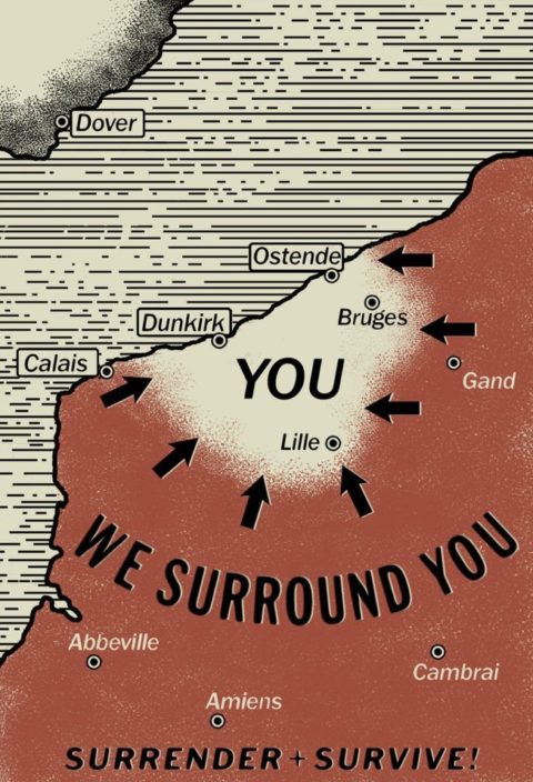 Retro france map of dunkirk in orange and white movie poster