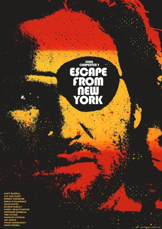 Red, yellow, and black snake plissken portrait and movie poster for Escape from New York