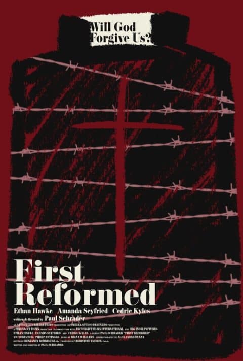 Pained barbed wire black and red religious movie poster for First Reformed by DRW.MOV