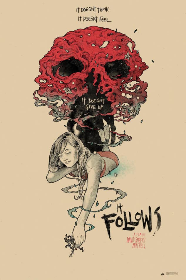 Innocent and deadly red and beige movie poster for It Follows by Richey Beckett