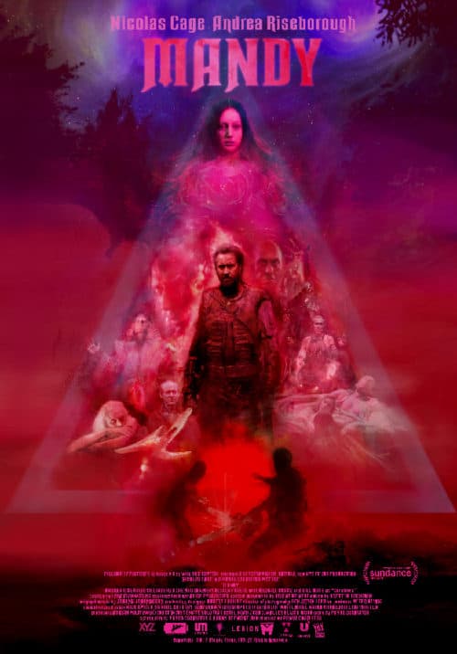Oeiginal dreamy, spaced red naturalistic movie poster for Mandy