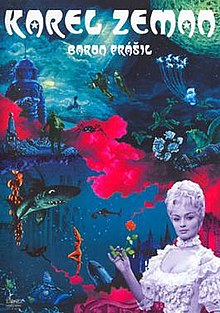 Original blue and red underwater Czech movie poster for the Fabulous Baron Munchausen