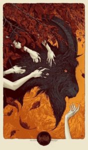 Orange, red, and black naturalistic movie poster for the Witch by Aaron Horkey