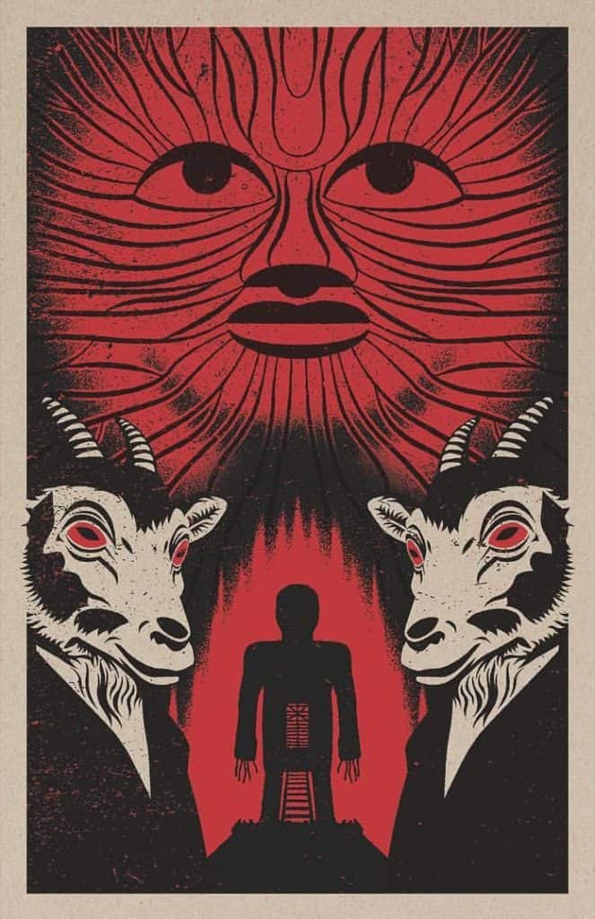 Imposing red and black movie poster by Matt Reedy for the Wicker Man