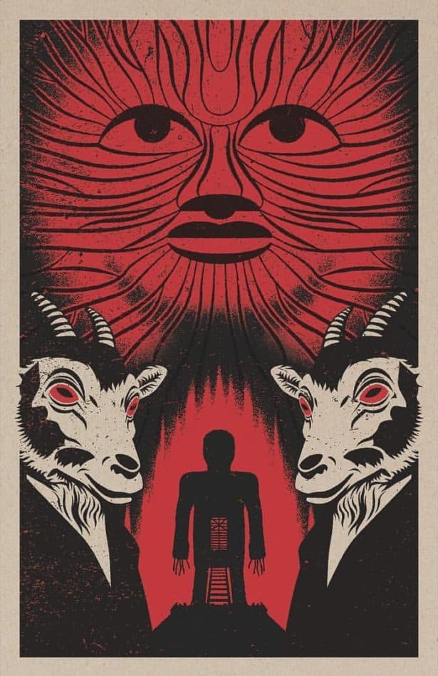Imposing red and black movie poster by Matt Reedy for the Wicker Man
