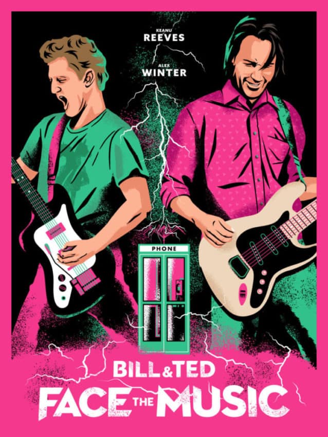 Bill and Ted Face the Music Poster Pink Colors with Both Characters Playing Guitar