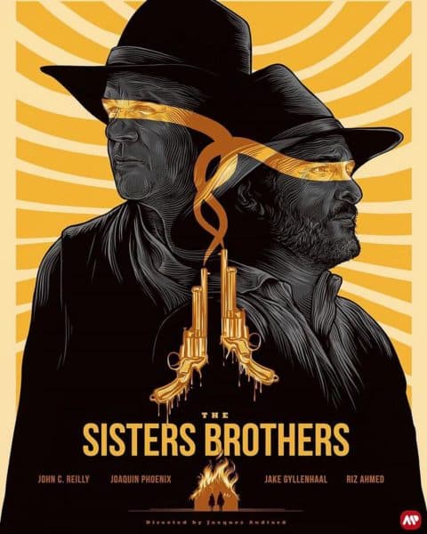 Sisters Brothers Alternate Movie Poster featuring both Brothers standing silhouetted against a yellow background