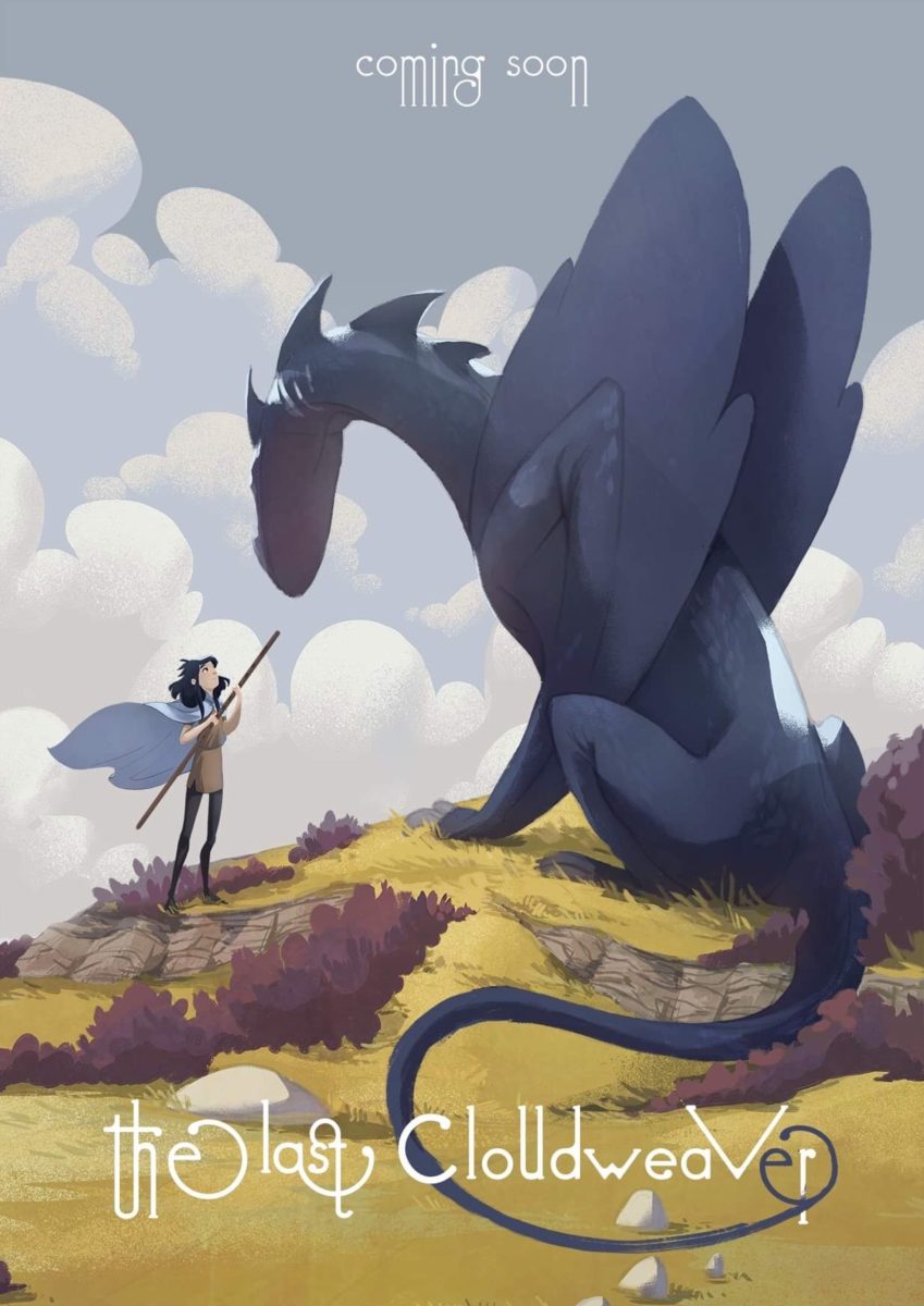 Poster for The Last Cloudweaver in Which a Dragon and a Girl sit atop the crest of a grassy hill