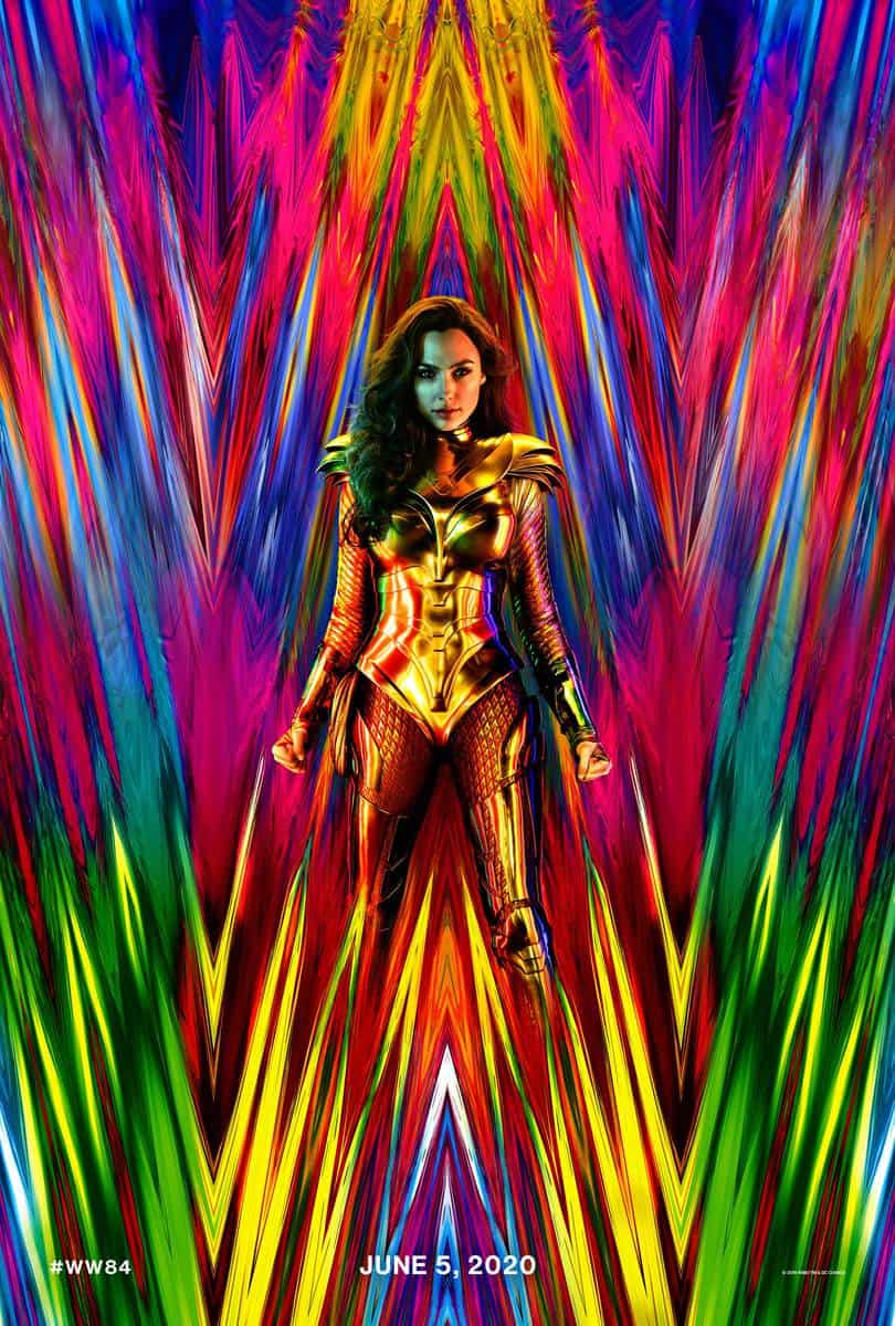 Wonder Woman stands against a vibrant backdrop