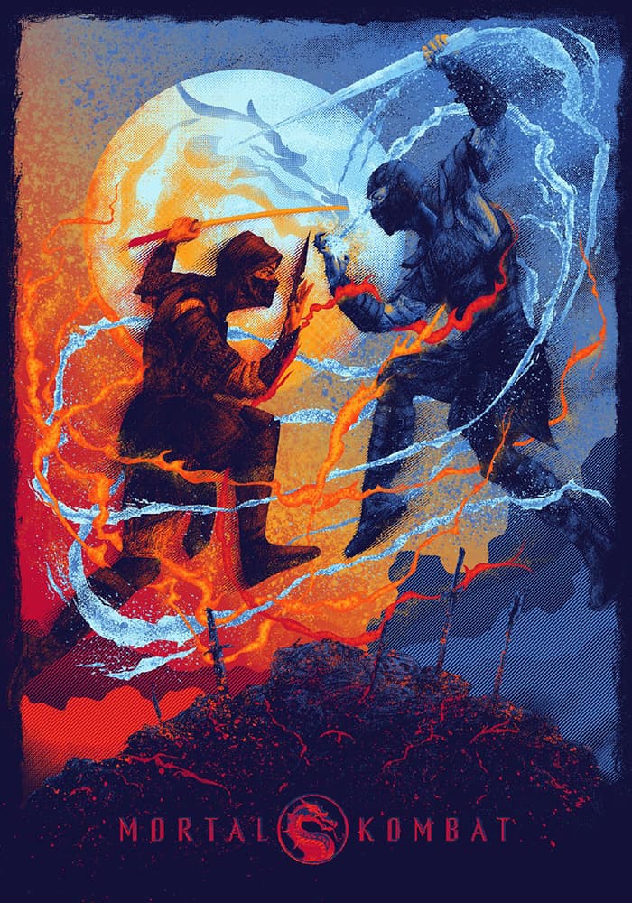 Two Ninjas, one in red and one in blue, fight - Mortal Kombat 2021 Alternative Poster