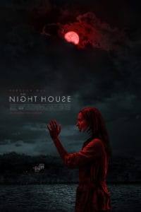 Night House Alternate Poster, Woman Stands by Beach at night as spectral hand reaches to her throat