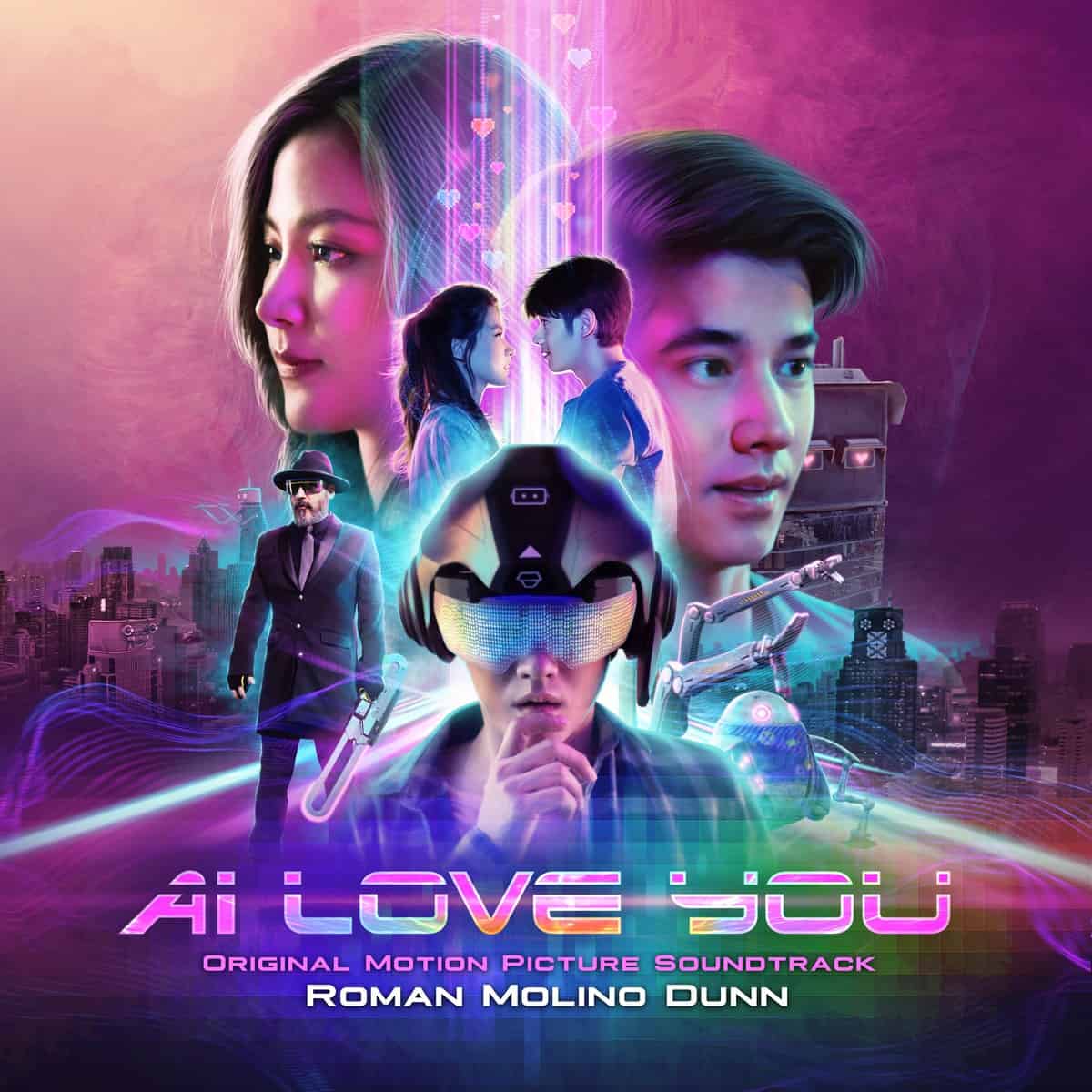 Poster for AI Love You - Neon flavored heads behind someone in a VR headset