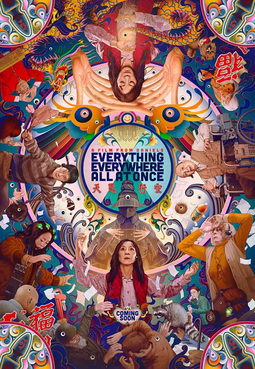 Characters are positioned in a psychedelic circle around the title - poster for Everything Everywhere All At Once