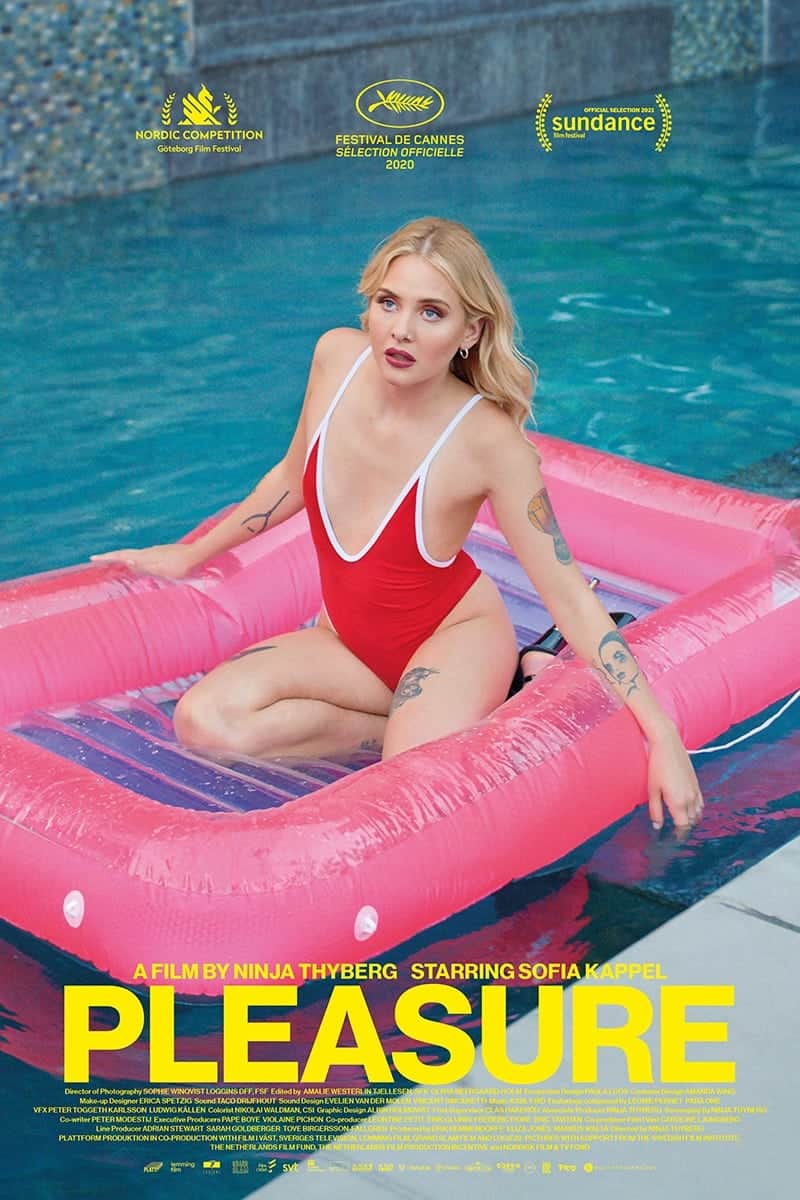 Pleasure Poster: A Woman sits seductively on her knees on an inflatable raft in a pool
