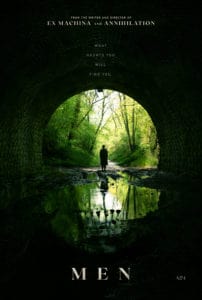 Poster for Men - a woman stands in a tunnel, silhouetted against a forest backdrop; the mouth of the tunnel resembles a skull