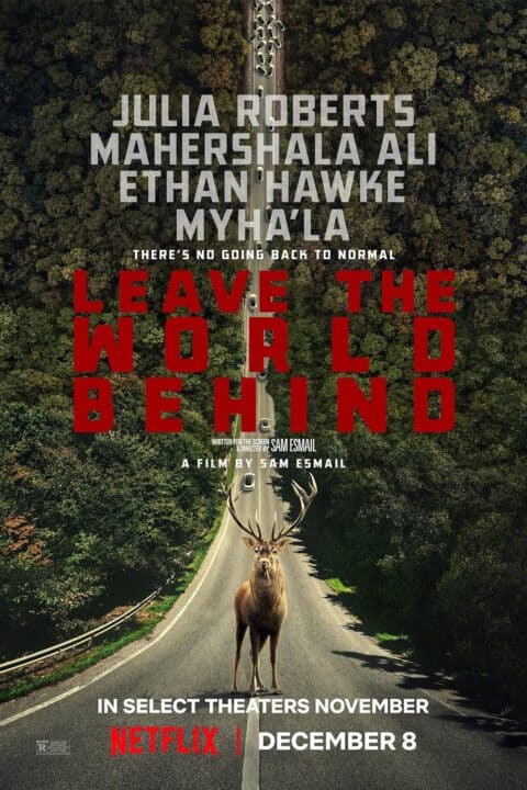 A deer stands in the middle of an empty highway, poster for leave the world behind